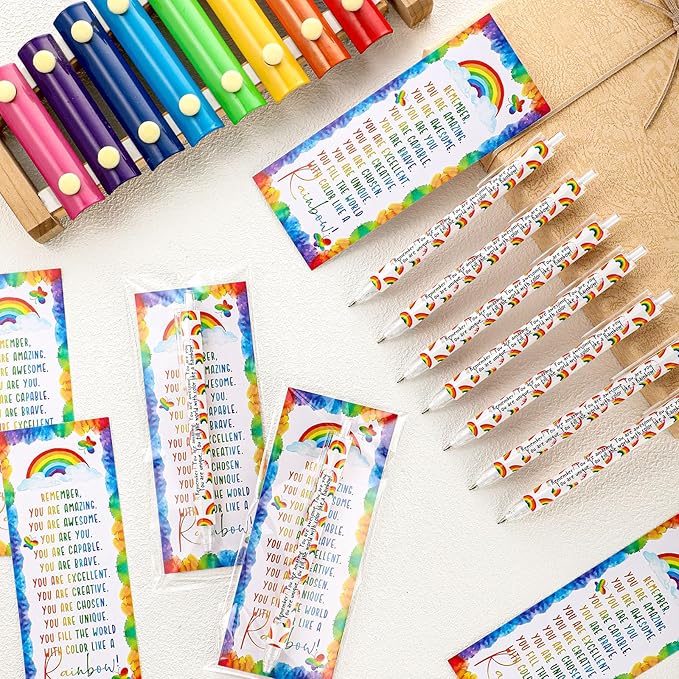 AmazingSpark 25 Set Inspirational 0.7 mm Rainbow Retractable Pencil Gifts for Students from Teacher Encouragement Affirmation Bookmark Cards Opp Bag Valentines Classroom Prize Awards for School