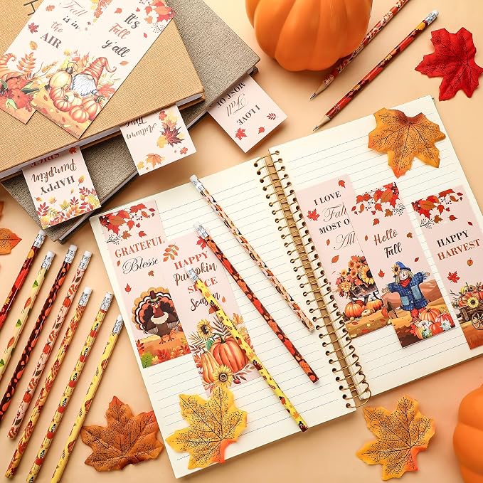 240 Pcs Fall Pencils Bookmark Bulk Thanksgiving Party Favor 120 Set Autumn Pencil Pumpkin Bookmark Fall Gift Treat Goodie Bag Stuffer Basket for Autumn Harvest Prize Supplies