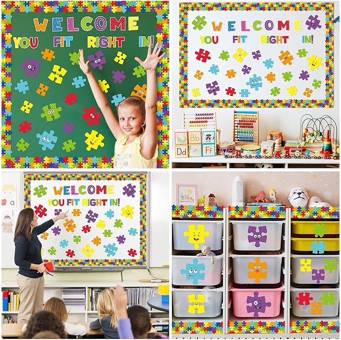 Puzzle Bulletin Board Cutouts Set - 123P Back to School Welcome You Fit Right in Positive Accent Decorations Colorful Puzzle Pieces Borders, First Day of School Student Classroom Wall Decor