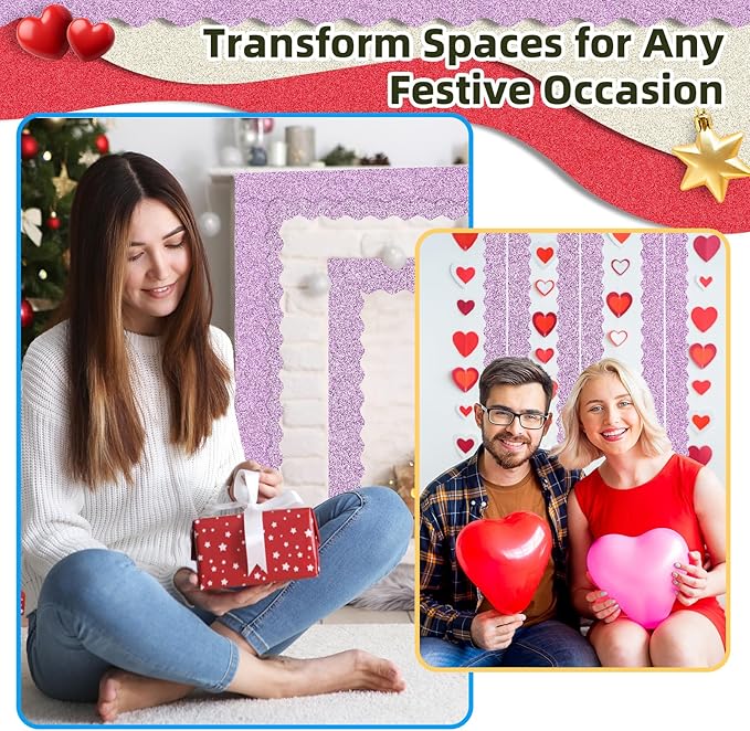 3 Rolls 98.4 Ft Valentines Day Glitter Bulletin Board Borders Set - Light Pink Bulletin Board Decorations for Classroom, Office,School & Home DIY - Perfect for Teachers, Posters & Birthday Party Decor