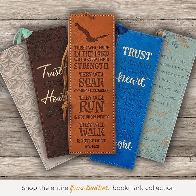 Christian Art Gifts Vegan Faux Leather Scripture Bookmark for Men: Hope in The Lord - Isaiah 40:31 Inspirational Bible Verse, Heat-Debossed, Faith-Based Reading Book Accessory with Cord Tassel, Brown