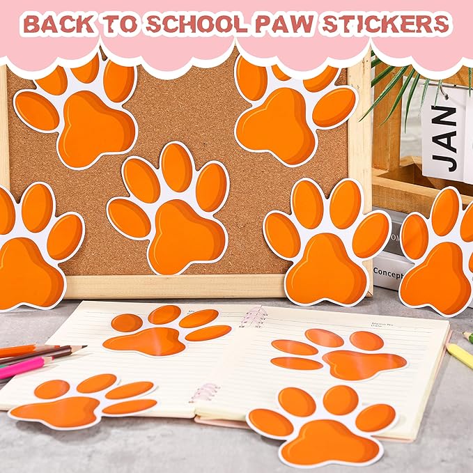 Junkin 60 Pcs Mini Paw Prints Cutouts Accents Bulletin Board Patrol Table Decorations Wall Decal Poster for Kids Educational School Home Party Supplies(Orange)