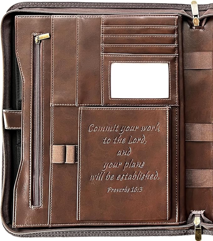 DEHITE Leather Portfolio for Men – Padfolio Case for Men and Women – Brown Bible Notebook Organizer – Pen Slots – Zipper Binder – Premium PU Leather – Feels Like Full-Grain – Office Gift Accessories
