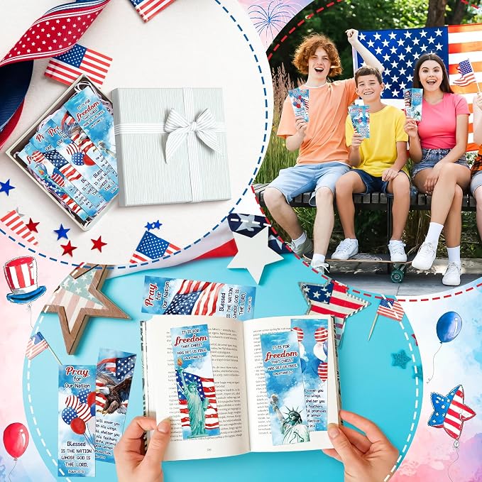 TICIAGA 250th Anniversary Watercolor Religious Bookmarks - 60Pcs 4th of July American Stars and Stripes Prayer Patriotic Bookmarks for Kids, Memorial Day Church Christian Giveaways for Sunday School