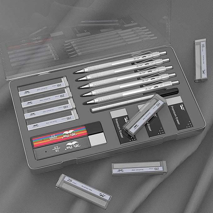 Mr. Pen- Professional Metal Mechanical Pencil Set with Lead Refills & Erasers, 5 Pack, 5 Sizes, 0.3, 0.5, 0.7, 0.9 & 2mm, 6x Tubes HB, 2B & Colored Lead Refills for School Supplies, Drawing, Sketching