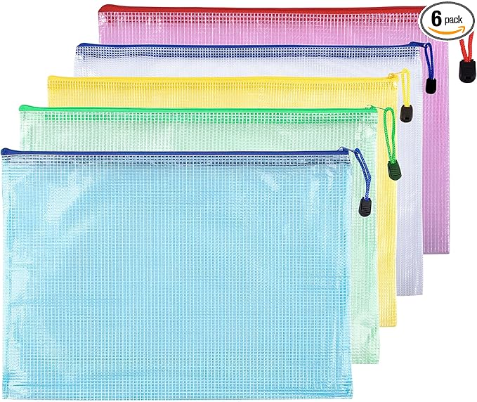 6 Pcs 13.39" x 9.45" A4 Sizes Mesh Zipper Pouch Bags, Mesh Bags with Zipper,Waterproof Clear Document Pouch for Organization Puzzles Travel, Office, Classroom Organization, A4 Multicolored