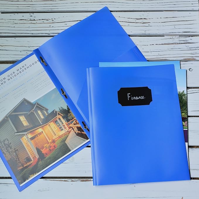 Youngever 6 Pack Heavy Duty Plastic Two Pocket Folders with 3 Prongs, Metal Prongs Fastener, Heavy Duty Plastic 2 Pocket Folder (Blue)