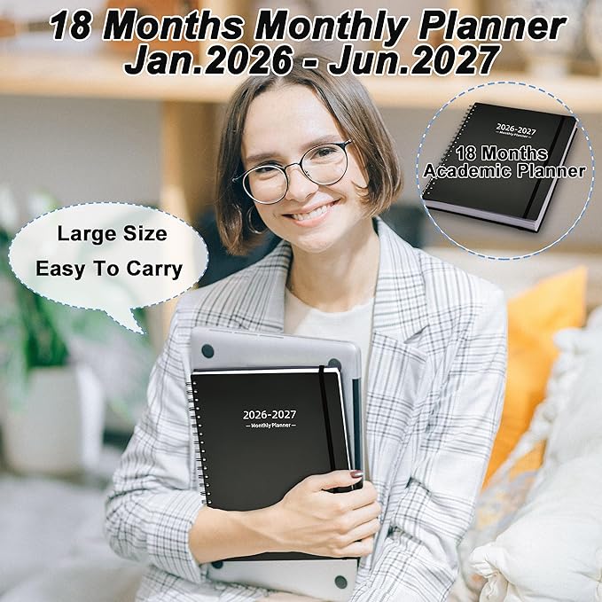2026-2027 Monthly Planner (7.6'' x 9.6''), from Jan 2026-Jun 2027, 18 Months Calendar 2026 Planner, Agenda Book with Tabs & Pocket, Black