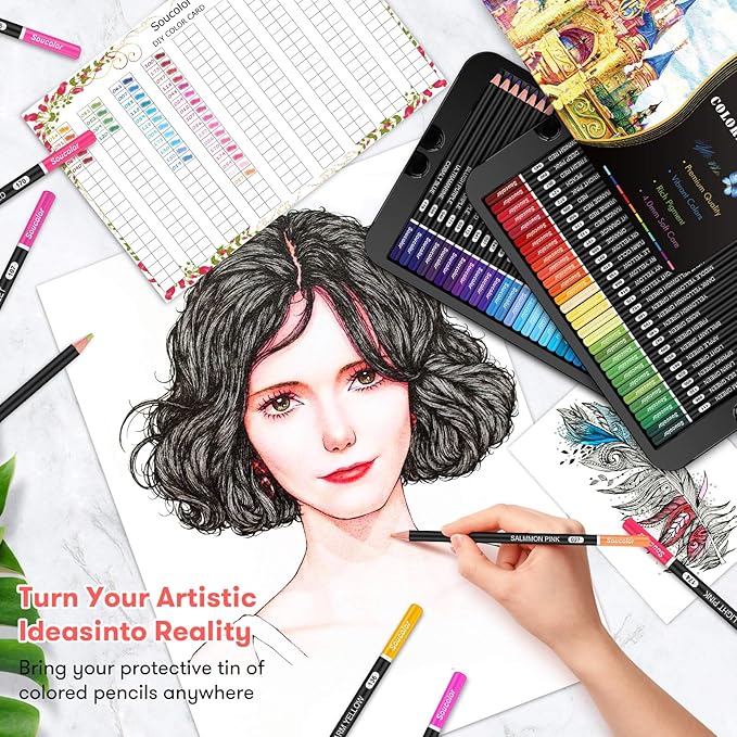 Soucolor 180-Color Artist Colored Pencils Set for Adult Coloring Books, Soft Core, Professional Numbered Art Drawing Pencils with Gift Tin Box for Sketching Shading Blending Crafting