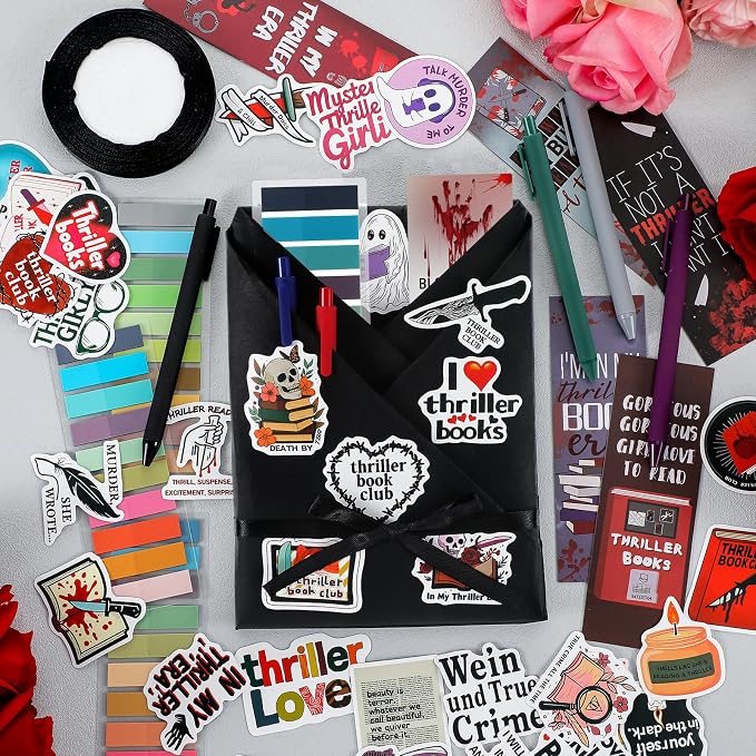 Honoson 6 Set Thriller Blind Date with a Book Gift Box Supplies Including True Crime Mystery Horror Bookmarks Stickers Tags Pens Ribbon Wrapping Papers Bookish Readers Book Club Gifts(Without Books)