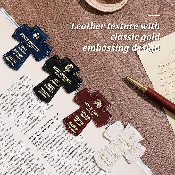 4 PCS Cross Shaped PU Leather Magnetic Bookmarks, Christian Bible Verse Clips with Gold Foil Stamping & Faith Quotes, Leather Book Markers, Religious Gift for Readers, Students & Church Members