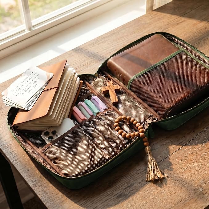 LEATHER VILLAGE Handmade Vintage Genuine Leather Embossed Bible Cover for Men & Women - Large Protective Bible Case & Organizer for Church, Travel & Study Christian Religious Antique Bookmark- Olive