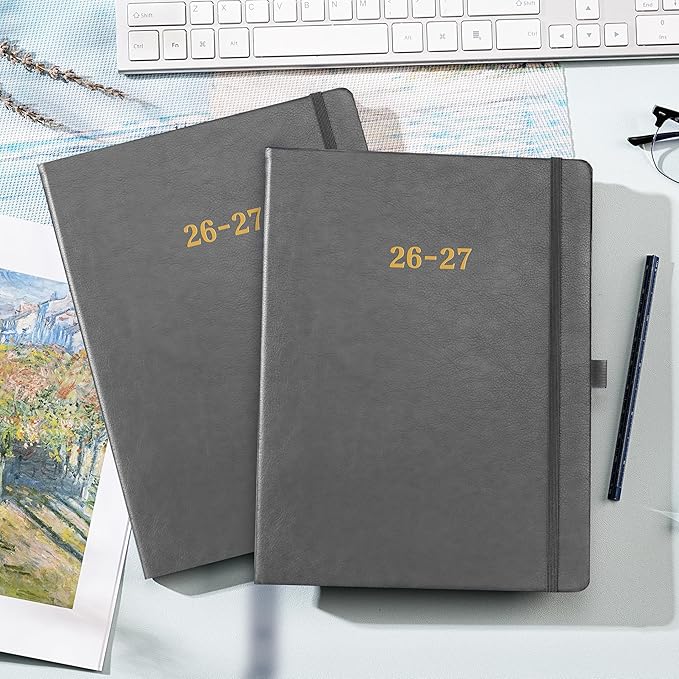 2026-2027 Planner - Weekly and Monthly Planner 2026-2027, Jul. 2026 - Jun. 2027, 9" x 11", 26-27 Calendar Planner with Inner Pocket + Elastic Closure + Pen Loop + Bookmarks, Leather Hardcover - Grey