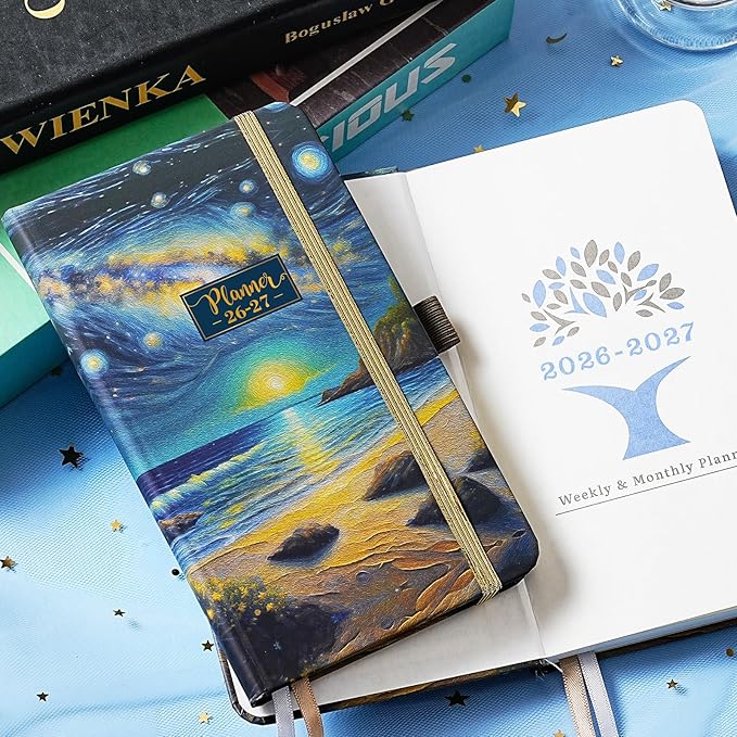 Pocket Calendar 2026-2027 - Pocket Planner 2026-2027 for Purse, Jul 2026 - Jun 2027, 6.4''×3.8'', 26-27 Planner Weekly and Monthly with Pen Loop, Back Pocket, Elastic Closure, Note Pages - Mountain and Sea