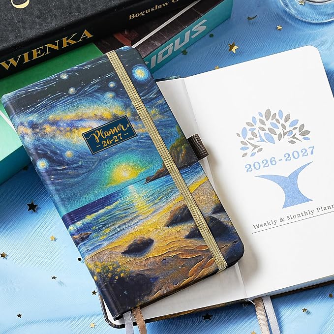 Pocket Calendar 2026-2027 - Pocket Planner 2026-2027 for Purse, Jul 2026 - Jun 2027, 6.4''×3.8'', 26-27 Planner Weekly and Monthly with Pen Loop, Back Pocket, Elastic Closure, Note Pages - Mountain and Sea