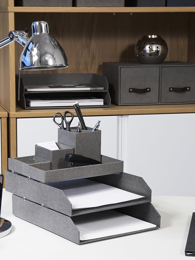 Bigso Box of Sweden Desk Storage Organiser for Stationery - Pen Holder with 4 Compartments for Various Office Items - Fibreboard and Paper Stationery Storage - Grey