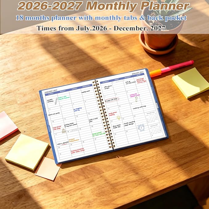 2026-2027 Monthly Planner 7.4'' x 9.6'', 18 Months Jul 2026–Dec 2027, Academic Agenda with Pocket, 120GSM Thick Paper, Waterproof PP Cover, Twin-Wire Binding, Blue