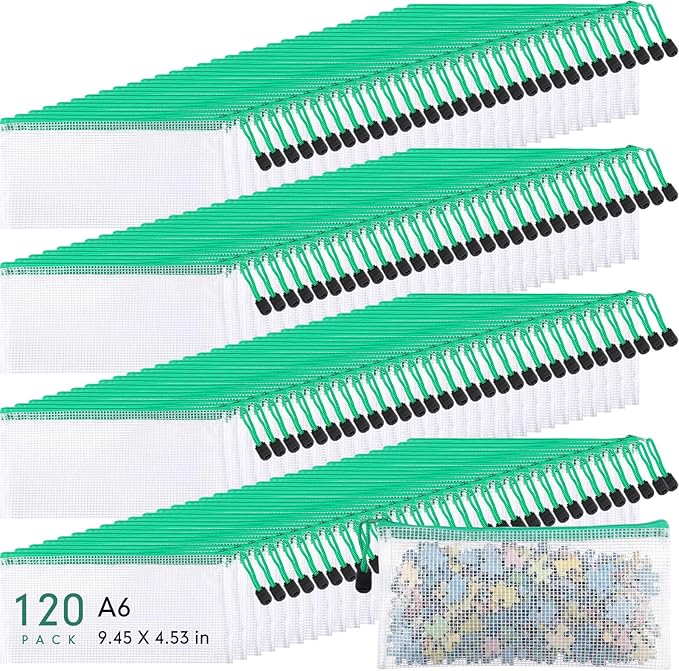 Sherr 120 Pcs Mesh Zipper Pouch A6 Pencil Pouches Bulk Small Clear Mesh Bags with Zipper 9.45'' x 4.53'' Waterproof File Bag Pencil Case for School Office Travel Organization(Green)
