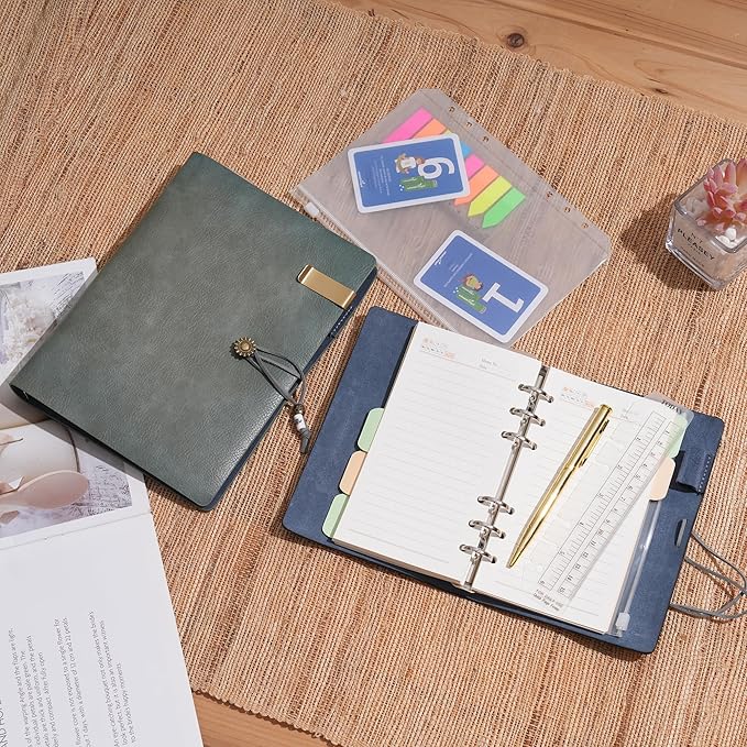 WONDERPOOL Leather Journal Lined Paper Notebook & Pen - Refillable 6 Ring Binder Writing Spiral Diary with Ruled Notepads Vintage Cover for Office Travel Work and Plan Agenda (a-Green, A6)