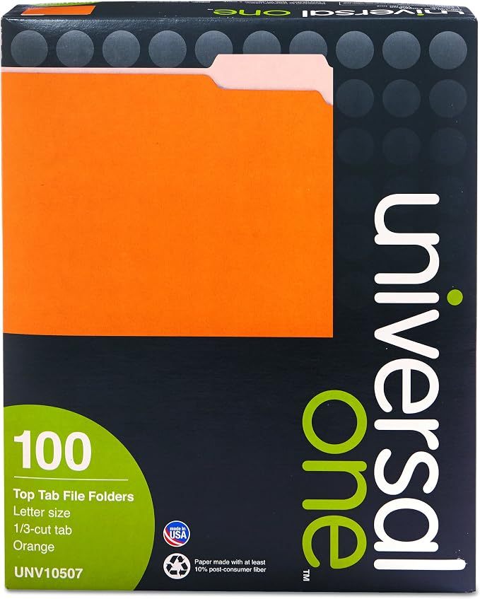 Universal 10507 File Folders, 1/3 Cut One-Ply Top Tab, Letter, Orange/Light Orange (Box of 100)