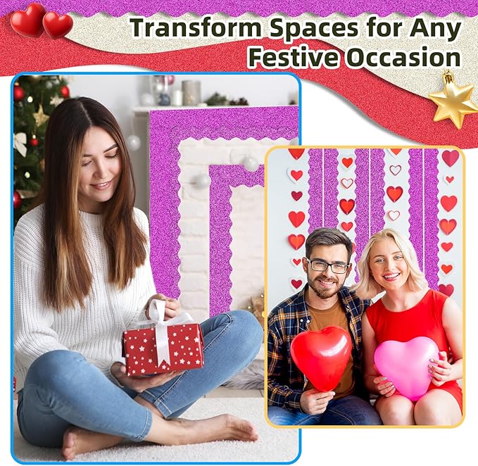 3 Rolls 98.4 Ft Glitter Bulletin Board Borders Set - Rose Red Bulletin Board Decorations for Classroom, Office,School Supplies & Home DIY - Perfect for Teachers, Posters & Birthday Party Decor