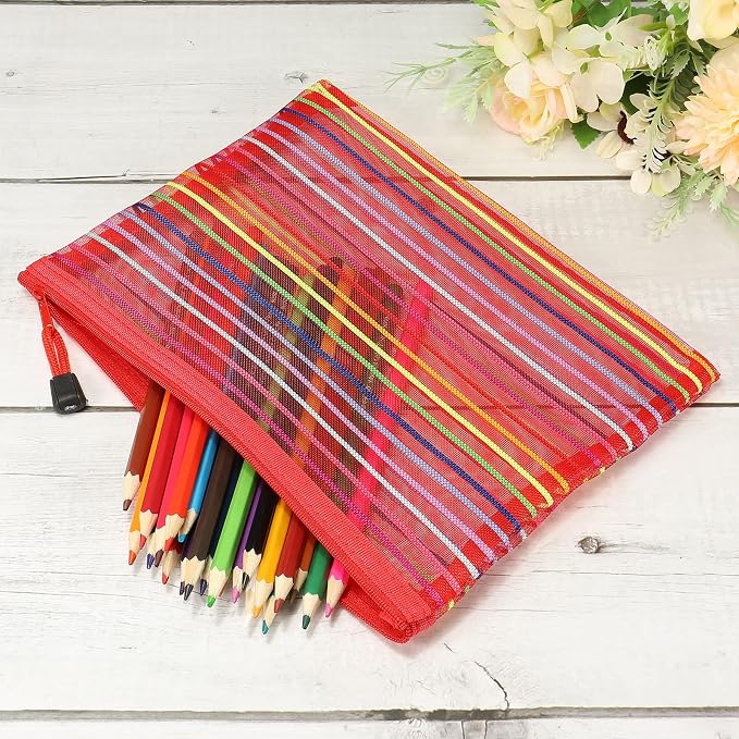 MECCANIXITY Mesh Zipper Pouches, A5 Colorful Pencil Case Document File Bags Storage Organizer for Office Supply Travel Accessory, Red Pack of 6