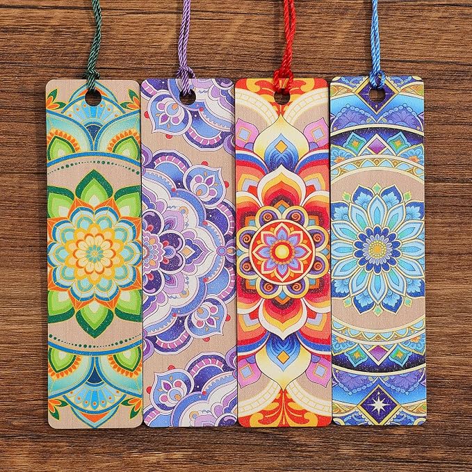 4 PCS Luxury Wooden Bookmarks with Tassel, Mandala Vintage Wood Bookmark, Flower Book Marks Gift for Women Reading Book Lovers Writers Readers Teens Girl Men Adults