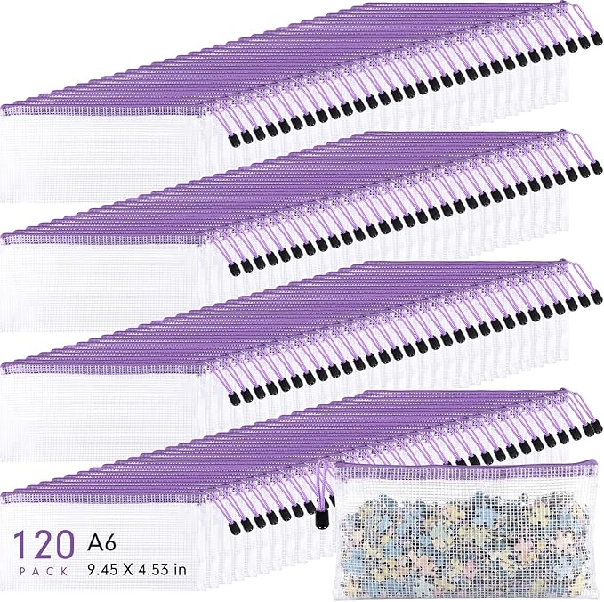 Sherr 120 Pcs Mesh Zipper Pouch A6 Pencil Pouches Bulk Small Clear Mesh Bags with Zipper 9.45'' x 4.53'' Waterproof File Bag Pencil Case for School Office Travel Organization(Purple)