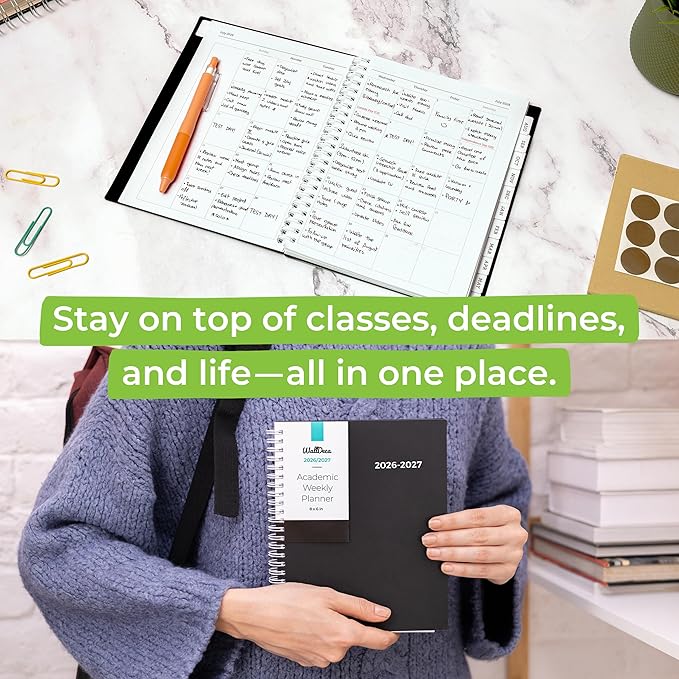 WallDeca Academic Planner 2026-2027, Daily, Weekly & Monthly Planner, July 2026 - June 2027, Student Notes Pages, Twin-Wire Binding Day and Weekly Agenda for School & Work (8 x 6-Inches, Black)