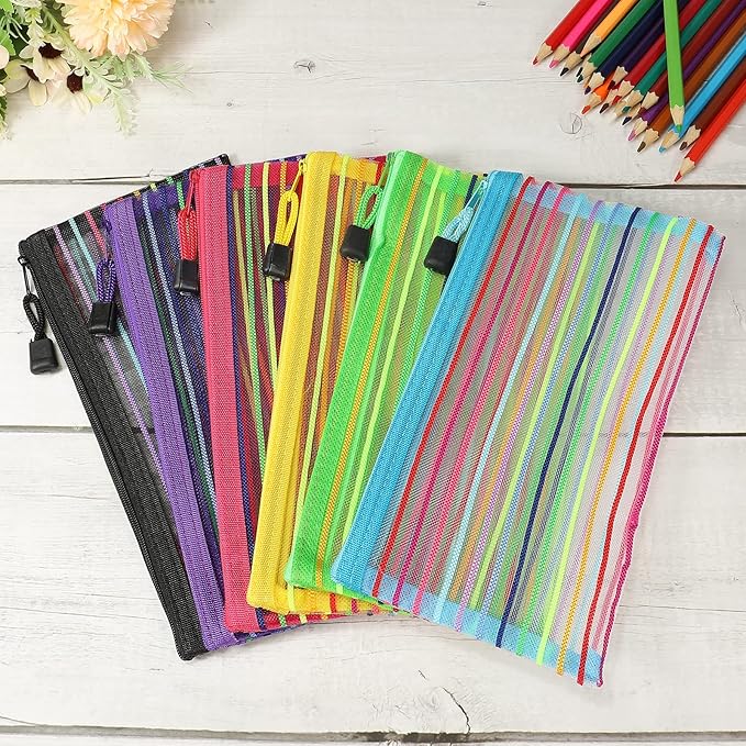 MECCANIXITY Mesh Zipper Pouches, B6 Colorful Pencil Case Document File Bags Storage Organizer for Office Supply Travel Accessory, Multicolor Pack of 6