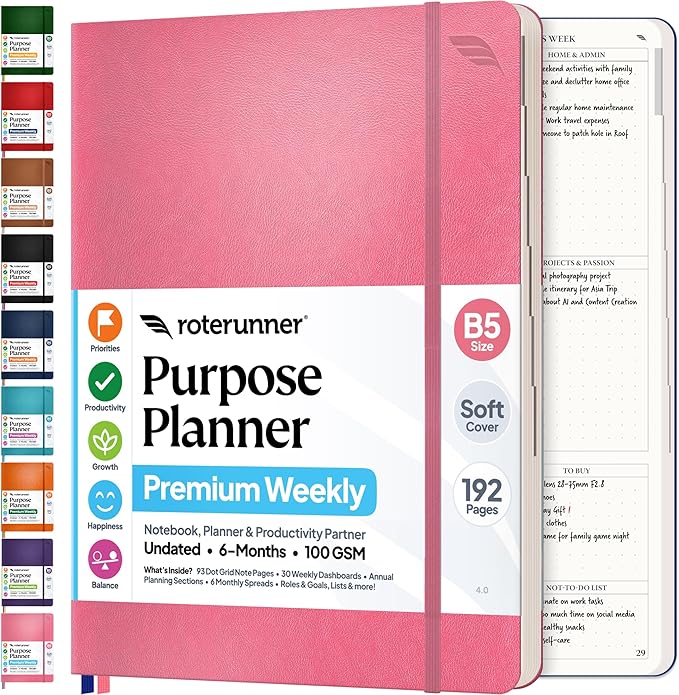 Roterunner Purpose Planner Notebook B5 7.5”x9.8” Undated 2026 Daily Weekly and Monthly Productivity Goal Setting Tool for Work Home ADHD Planner for Adults Self Care Journal