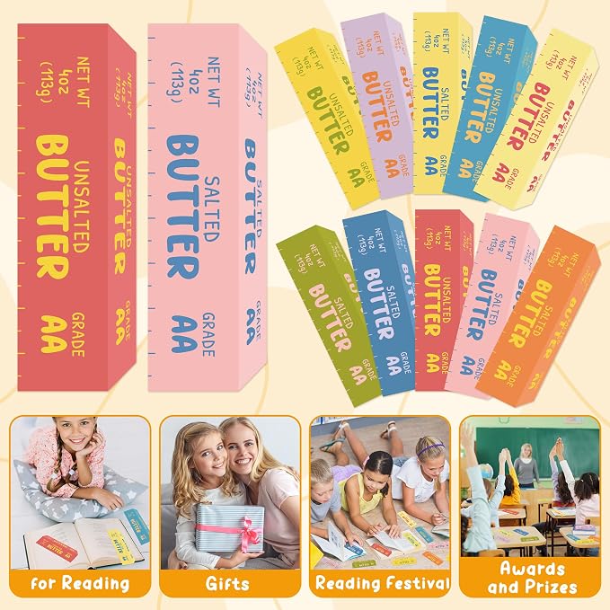 Laffact 200Pcs Book Tracker Bookmarks - Butter Stick Shaped Book Tracker, Yellow Blue Pink Themed Baking Bookmarks, Colorful Reading Page Marker Gift for Bookish Book Lover School Library Supplies