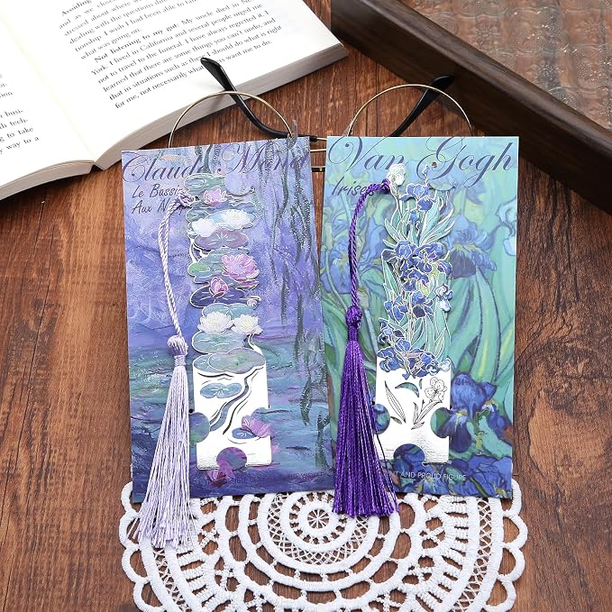 2 Metal Bookmarks with Tassel, Oil Painting Water Lilies and Irises