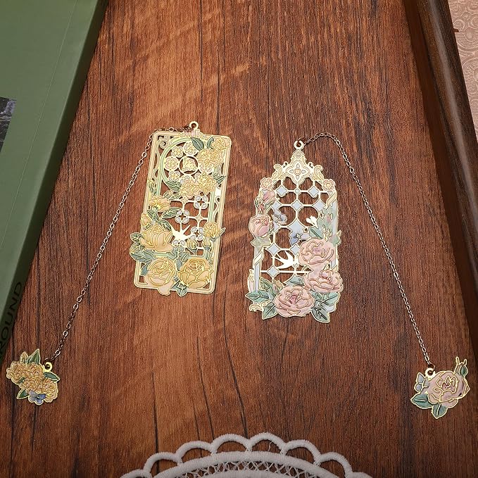 Metal Bookmarks - 2 PCS, Pretty & Beautiful, Yellow & Pink Rose Designs (BKM-043-002)