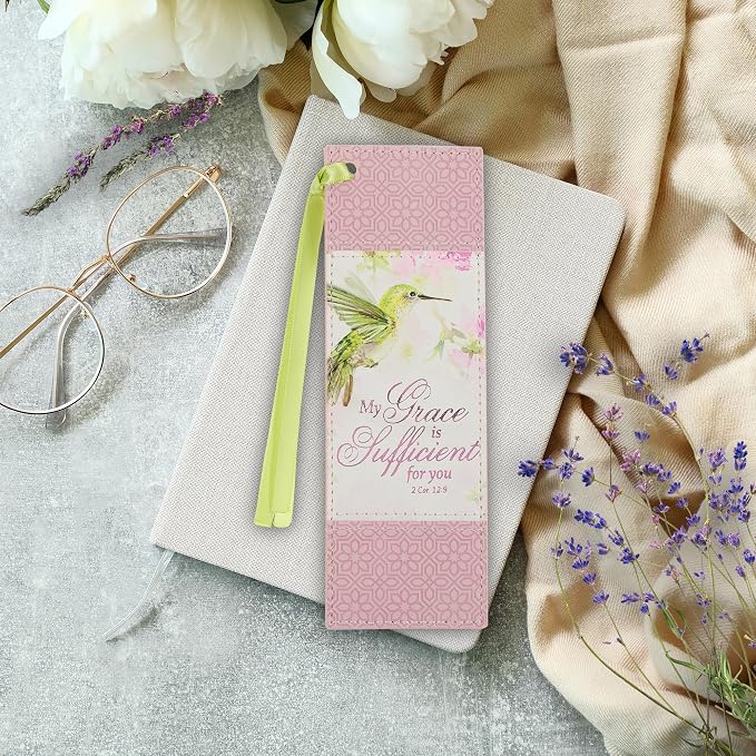 Christian Art Gifts Premium Vegan Leather Scripture Bookmark for Women: Grace is Sufficient Inspirational Bible Verse Cute Hummingbird Book Accessory, Pink Multicolor Floral & Lime Green Satin Ribbon