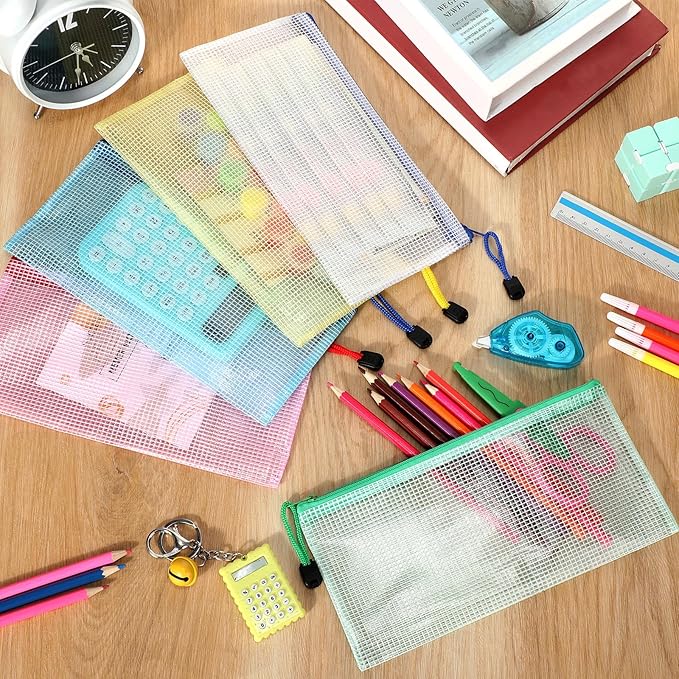 Sherr 120 Pcs Mesh Zipper Pouch A6 Pencil Pouches Bulk Small Clear Mesh Bags with Zipper 9.45'' x 4.53'' Waterproof File Bag Pencil Case for School Office Travel Organization(Multicolor)