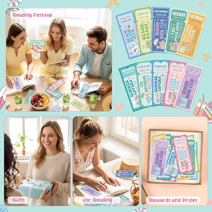 Laffact Summer Book Club Ticket Bookmarks - 240Pcs Cute Vacation Bookmarks Poolside Reading Tracker Page Marker, Readers Accessories Book Club Gifts for Book Lover Bookish Birthday Summer Party Favors