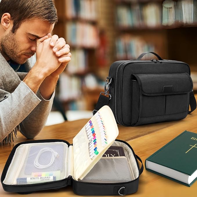 LoDrid Bible Carrying Case for Church with Multiple Pockets, Portable Bible Cover Bag with Handle and Shoulder Strap for Bible Accessories, Black, Bag Only