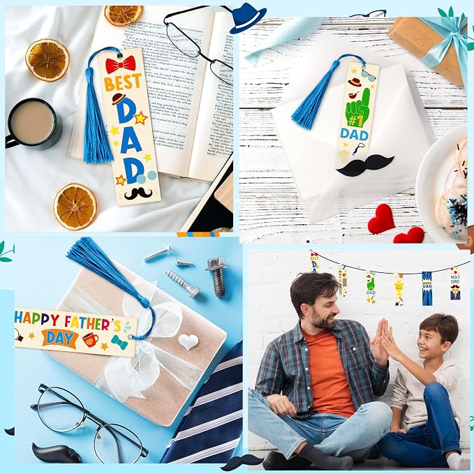 Color Your Own Father's Day Bookmarks for Kids- 36Pcs Bulk Happy Father's Day Wooden Blank Bookmarks with Tassels DIY Father's Day Art Craft Gifts from Kids for Holiday Party Goodie Fillers