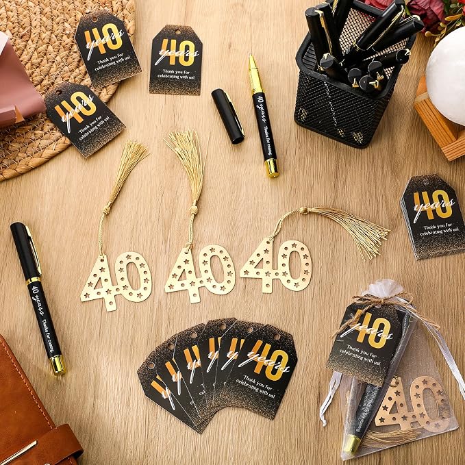 Spakon 25 Set 40th Birthday Party Favor for Guest Anniversary Party Favor Golden Birthday Bookmark Thanks Coming Pen with Tag Appreciation Gifts for Women Men Wedding Anniversary