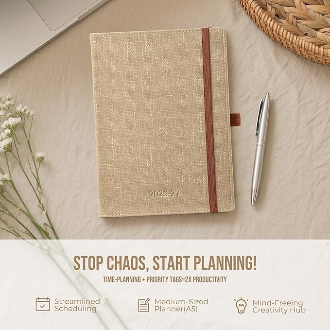 Planner 2026-2027 Weekly & Monthly Planner with Hourly Time Slots, 18 Month Academic Calendar July 2026 – Dec 2027, Vertical Layout, Monthly Tabs, Textured Fabric Hardcover, Khaki
