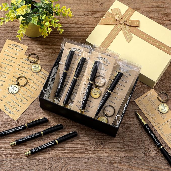 Gueevin 10 Sets Fathers Day Christian Gifts Bulk Bible Verse Pens Christian Religious Bookmarks and Bible Keychains Church Appreciation Gift for Graduation End of Year Teacher School (Black)