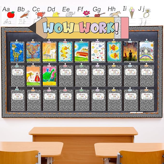 Mooliwe 139 Pcs Student Work Display Bulletin Board Composition Notebook Classroom Decoration Pencil Wow Work Cutouts with Clip Names Display Classroom Wall Decor for Teachers Back to School Supplies
