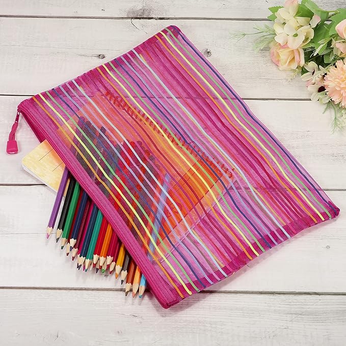 MECCANIXITY Mesh Zipper Pouches, A4 Colorful Pencil Case Document File Bags Storage Organizer for Office Supply Travel Accessory, Rose Red Pack of 6