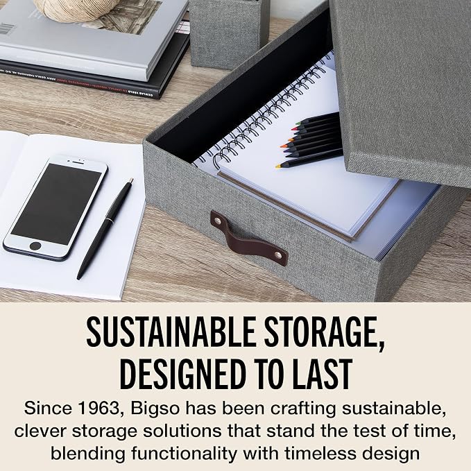 Bigso Box of Sweden Oskar Canvas Fiberboard Document Letter Box - File Organizer Box for Important Paperwork - Document Storage with a Lid & Handle - 3.3 in x 10.2 in x 13.8 in - 3 Pack - Grey