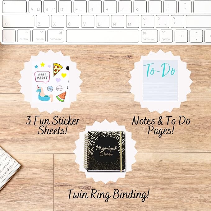Votum 18-Month Day Large Planner, 2024-2025, Daily, Weekly & Monthly, January-June, Organized Chaos Black - Appointment Book with 3 Sticker Sheets, Twin-Ring Binding, Notes Pages - School & Work