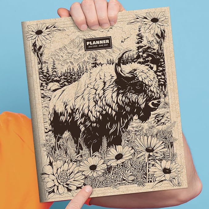 TF Publishing July 2026 - June 2027 Wild Bison Large Monthly Planner with Thick Paper - 12 Month Academic Planner 2026-2027 with 2-Page Spreads, Large Calendar Grids and Prompts - 9 in x 11 in