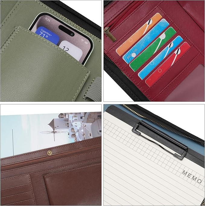 Wason A4 Portfolio with Zipper - Leather PU Padfolio with Detachable Ring Binder and Writing Notepad Holder, Conference File Multi-Pockets Organizer for Office Travel School (Coffee)