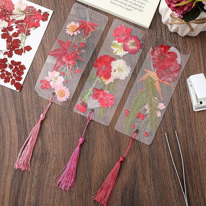Fuyoooo 376 Pcs Dried Flower Bookmark Making Kit, DIY Bookmark Laminating Pouches with Tassels and Puncher, Handmade Craft Kit for Women, DIY Gifts for Book Lovers (Red,2 x 6 Inch)