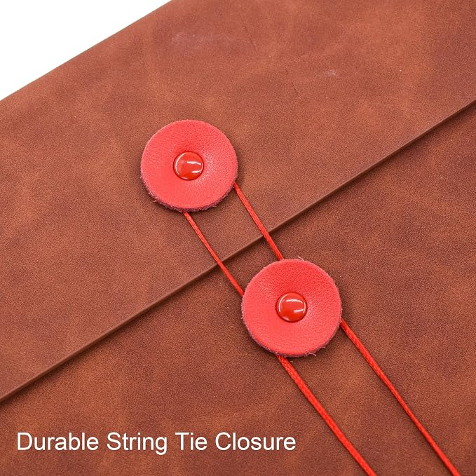 VANRA Vertical PU Leather Envelope File Folders Expanding Document Holder Organizer Pocket Folder Portfolio for A4 Letter Size Paper with String Tie Closure (Brown)